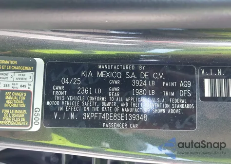 2025 Kia K4 Lxs из США, поврежденный, VIN 3KPFT4DE8SE139348